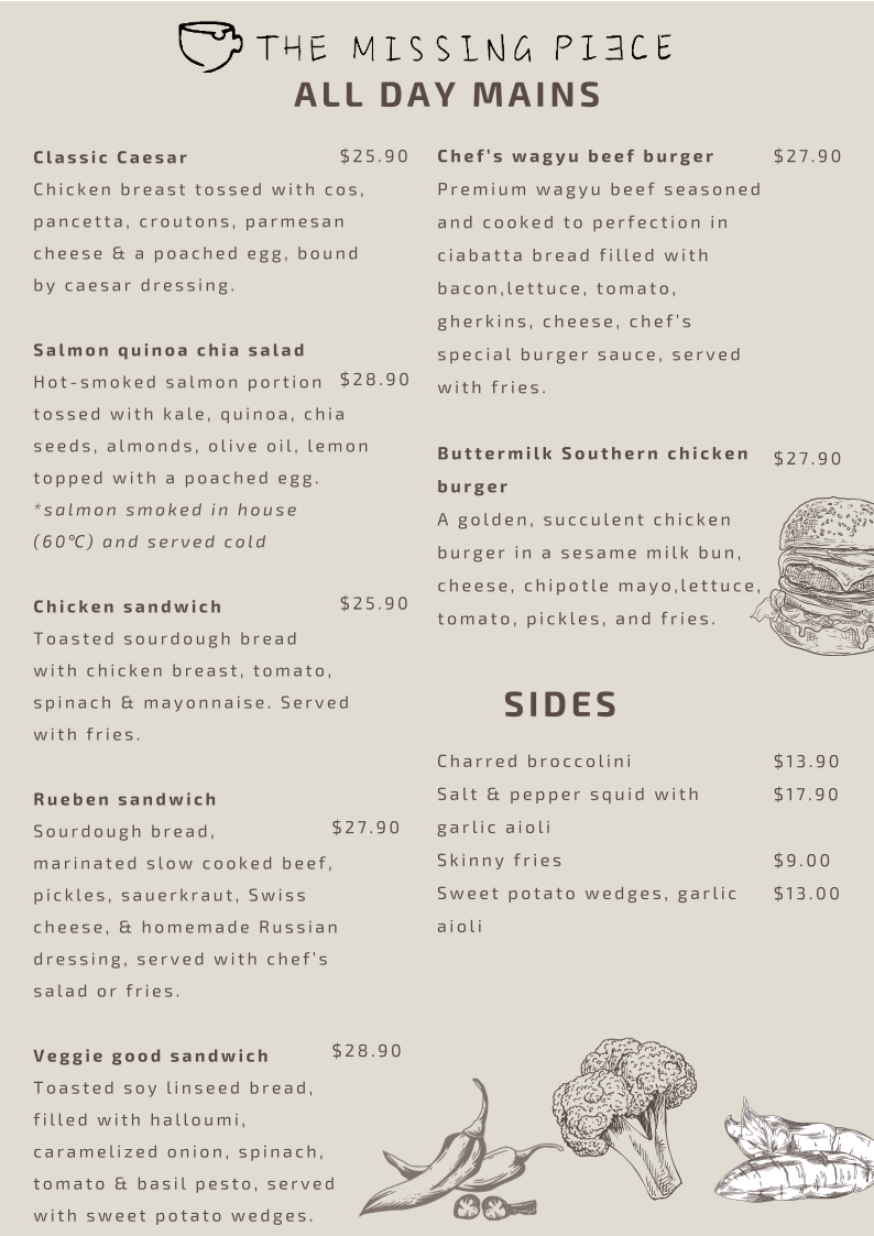 Menu, The Missing Piece Macquarie Centre