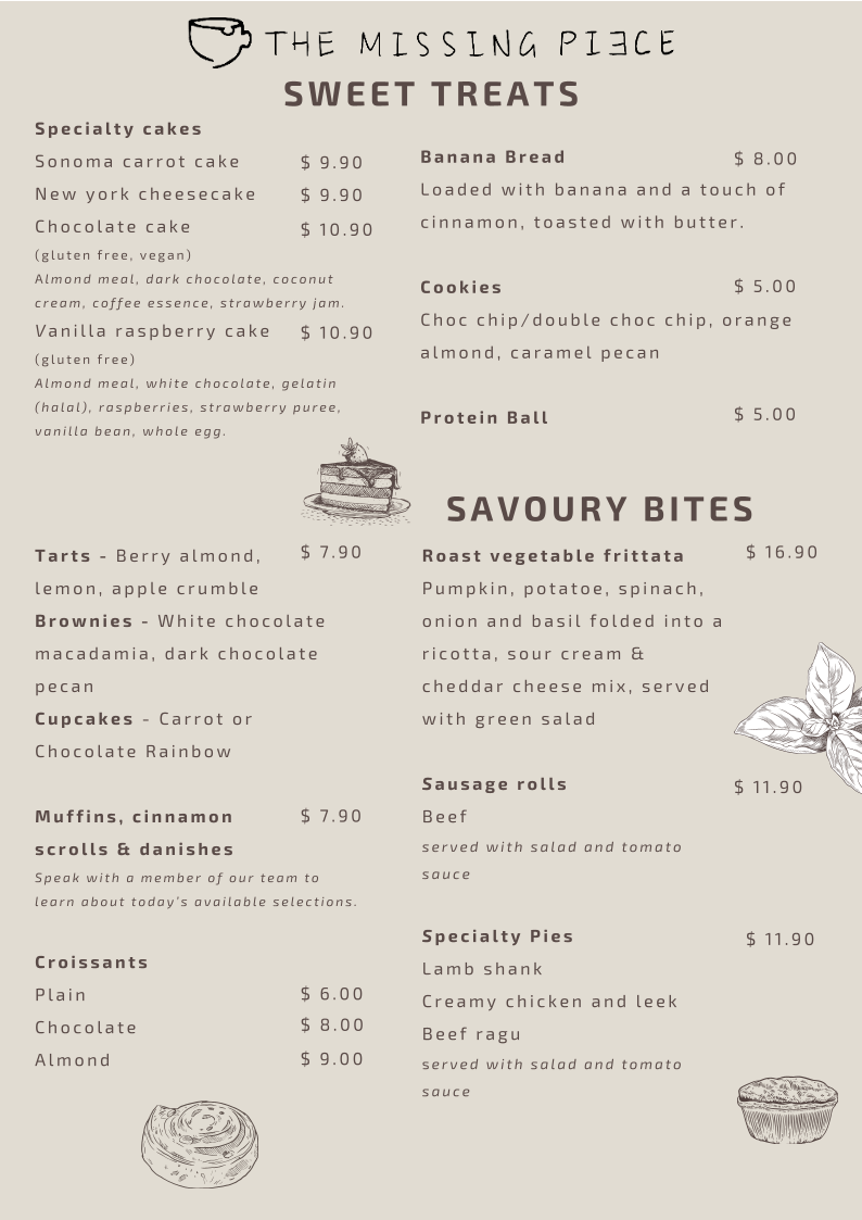 Menu, The Missing Piece Macquarie Centre