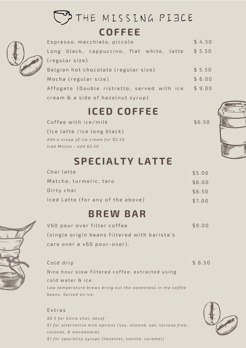 Menu, The Missing Piece Macquarie Centre