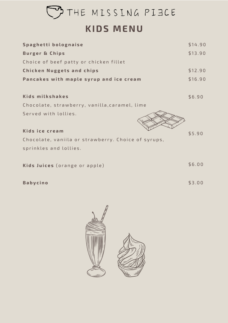 Menu, The Missing Piece Macquarie Centre