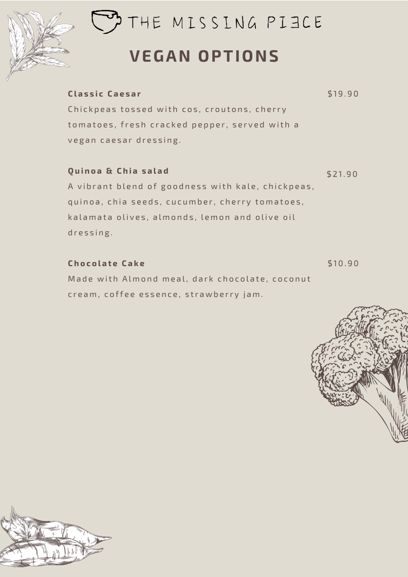 Menu, The Missing Piece Macquarie Centre