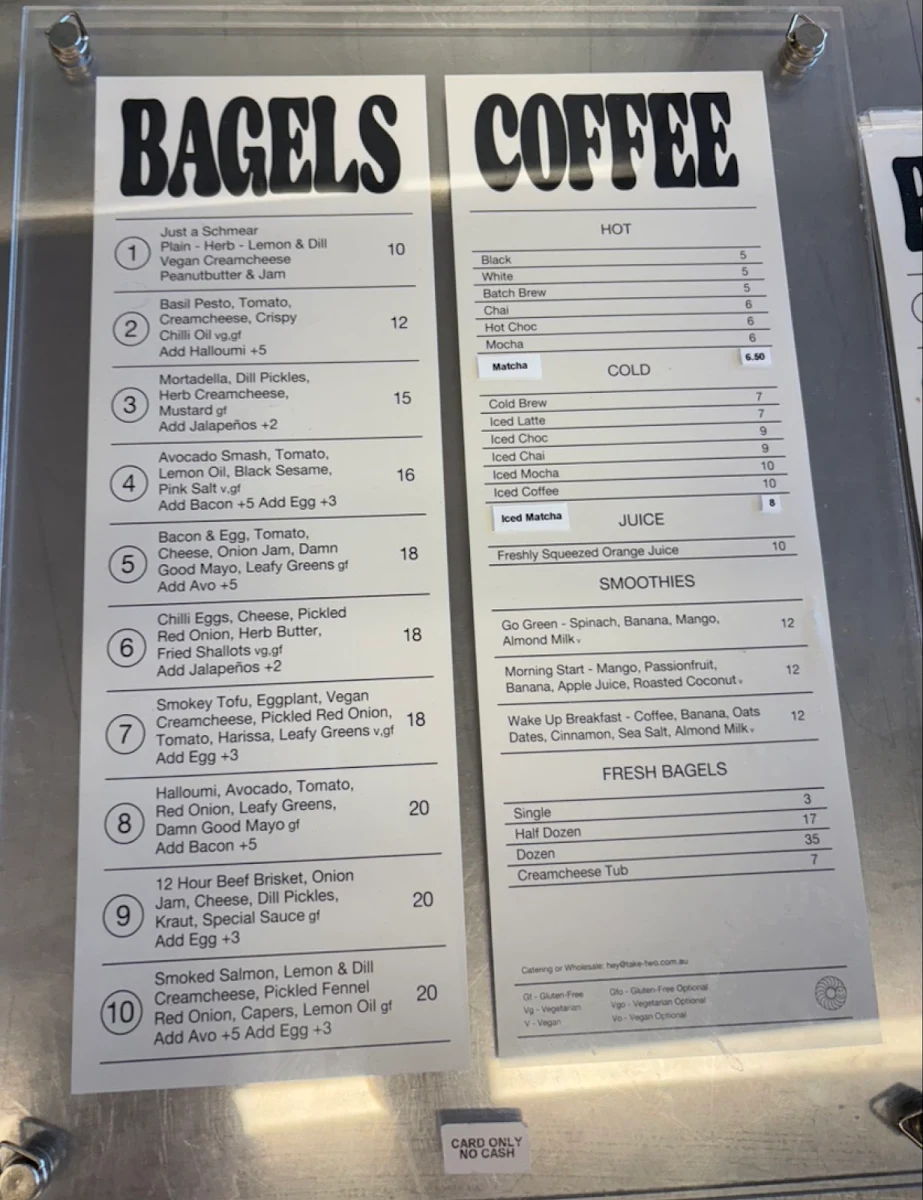 Menu, Take Two Bagels