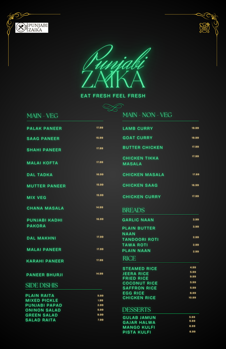 Menu, Punjabi Zaika RESTAURANT | Indian Restaurant