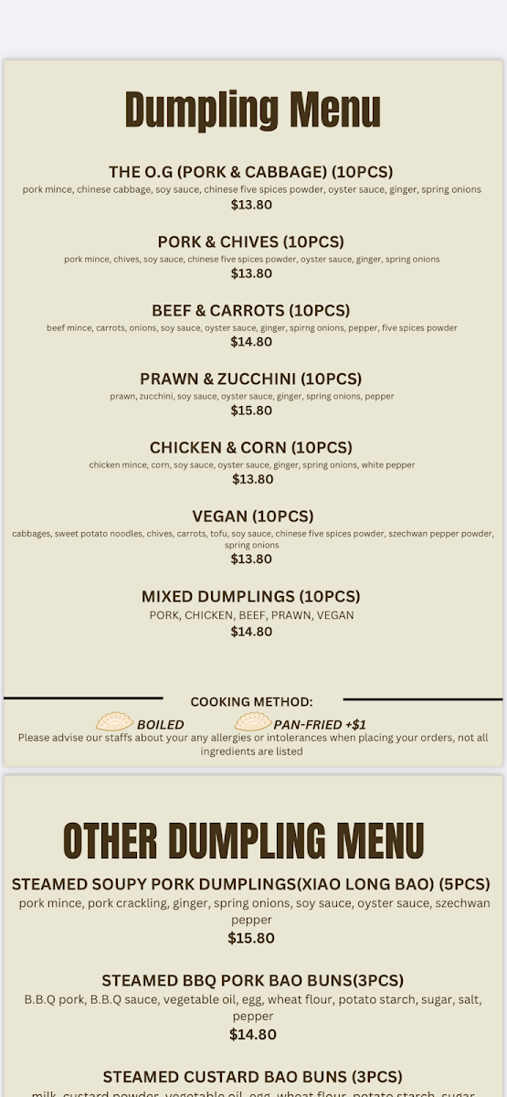 Menu, Chubby Dumplings- Gregory Hills