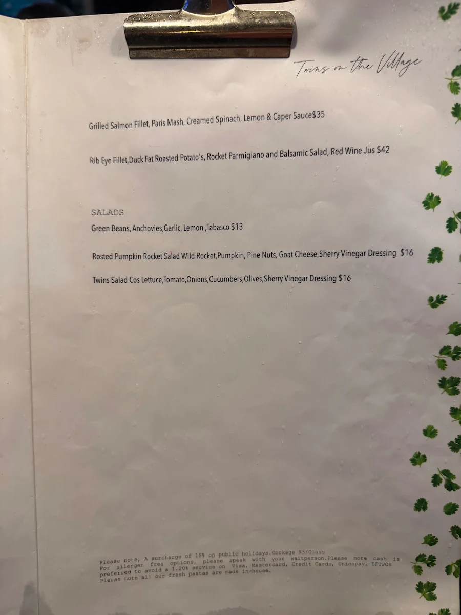 Menu, Twins on The Village