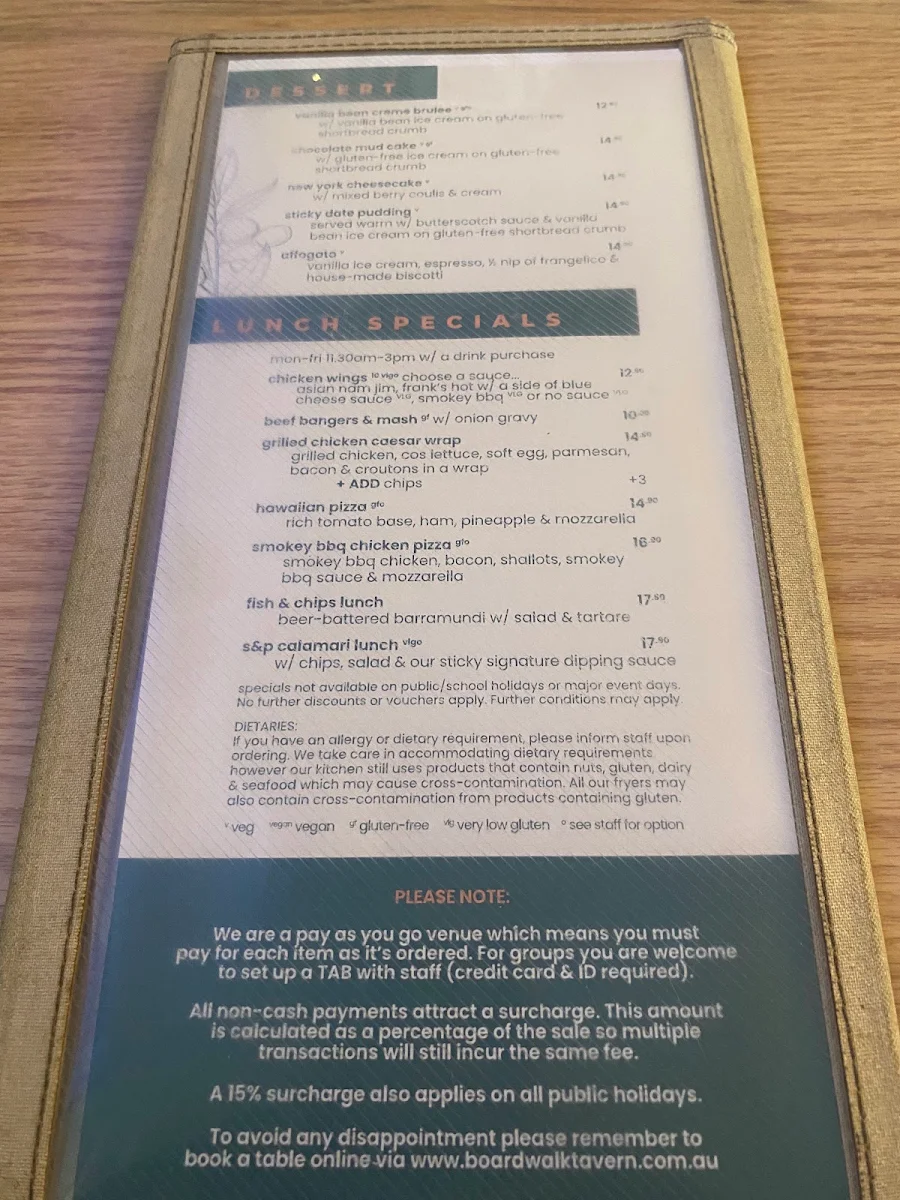 Menu, Boardwalk Tavern