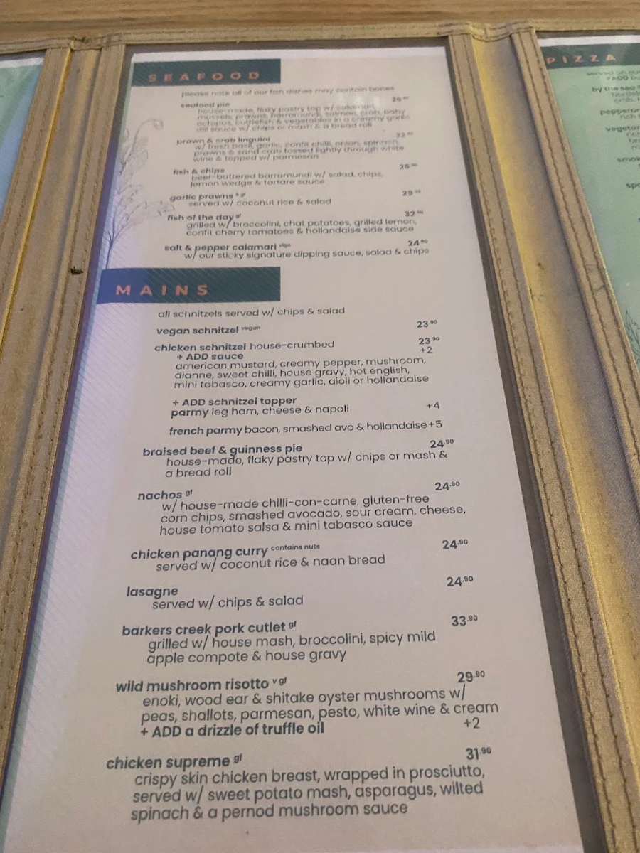 Menu, Boardwalk Tavern
