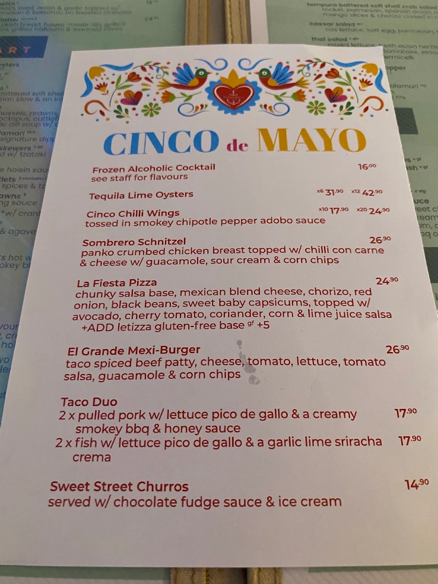 Menu, Boardwalk Tavern