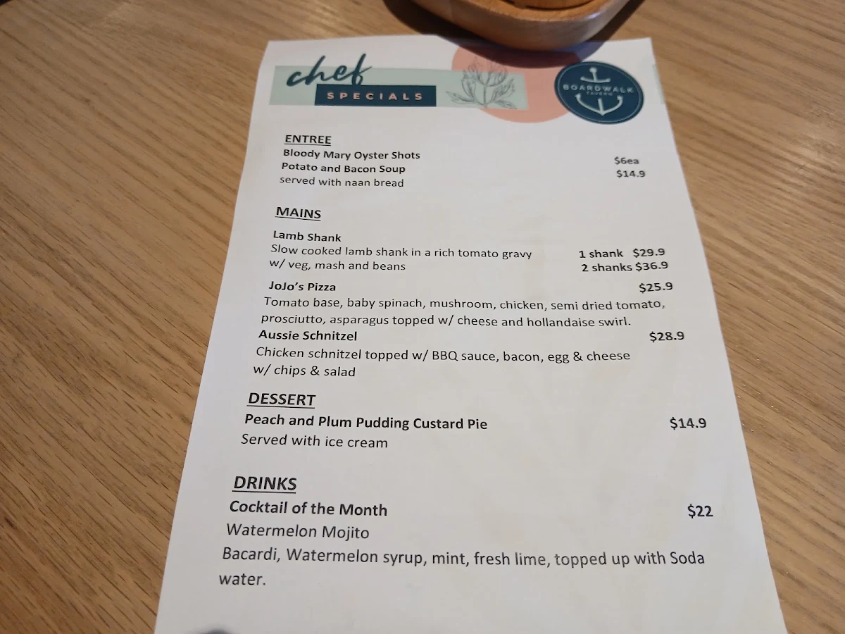 Menu, Boardwalk Tavern