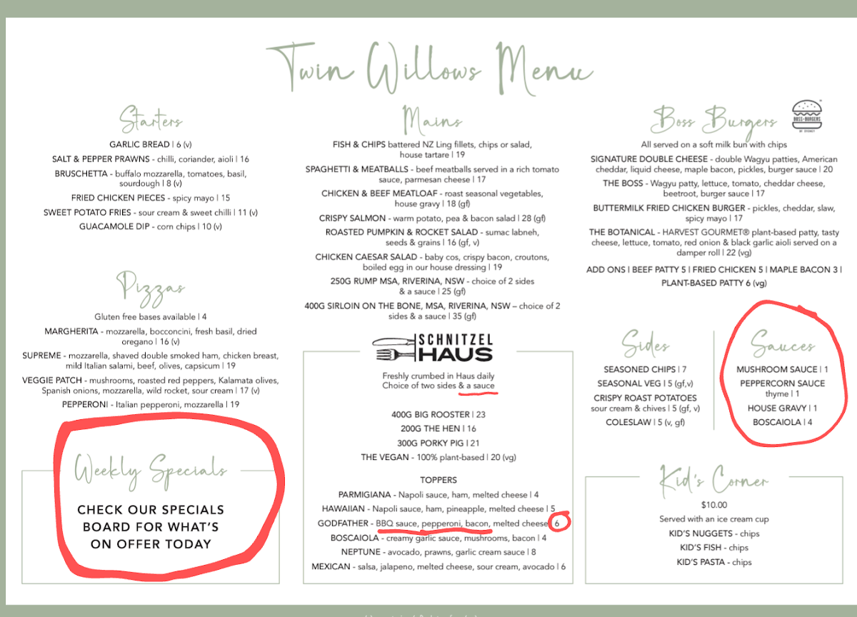 Menu, Twin Willows Hotel