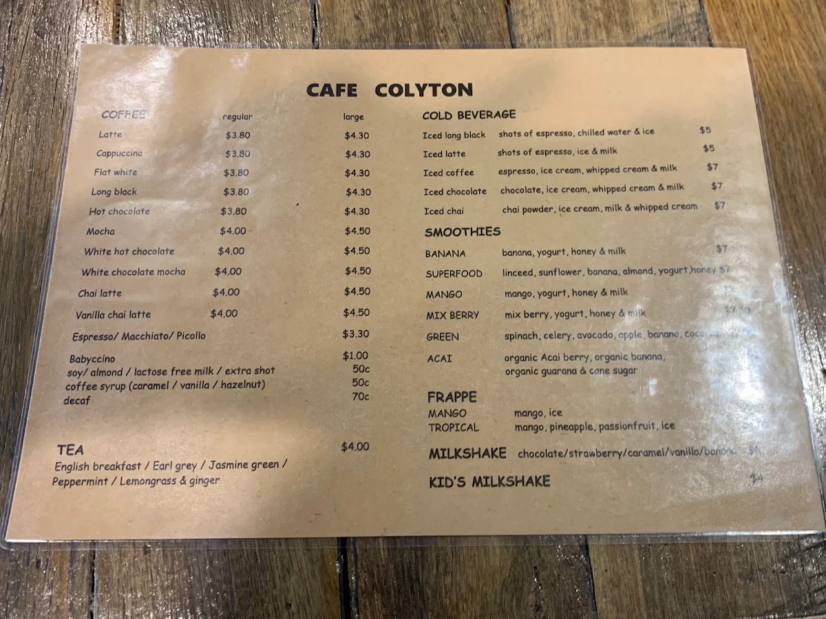 Menu, Cafe Colyton