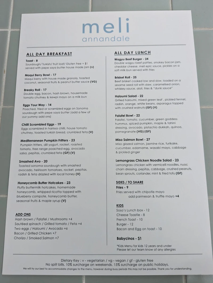 Menu, Meli Annandale