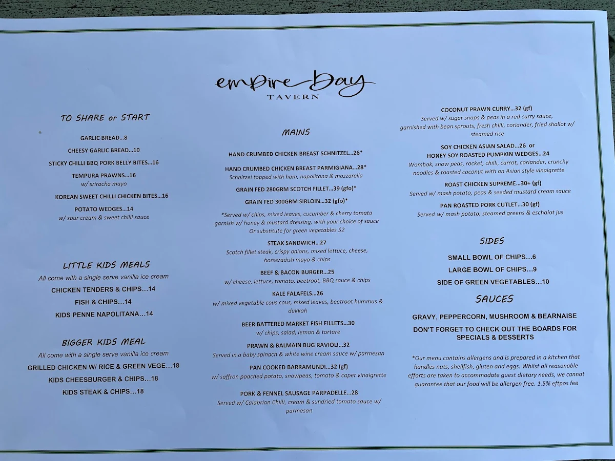 Menu, Empire Bay Tavern