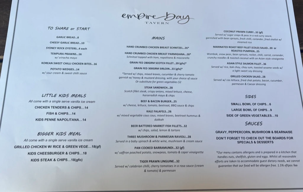Menu, Empire Bay Tavern
