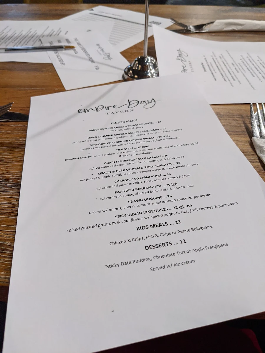 Menu, Empire Bay Tavern