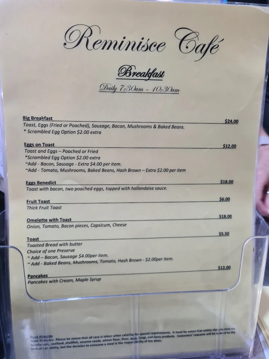 Menu, Reminisce Cafe