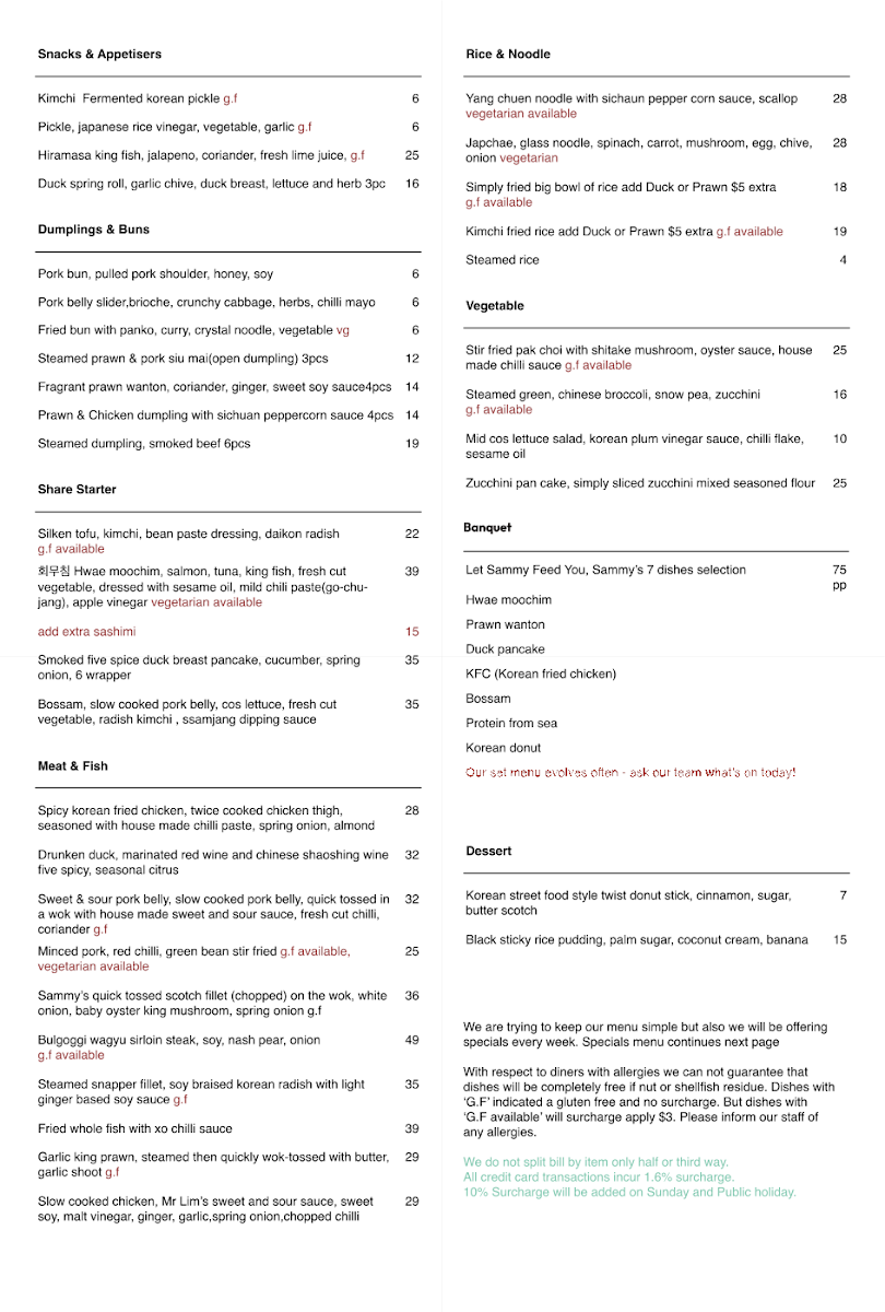 Menu, Mr Lim Korean & Chinese Diner