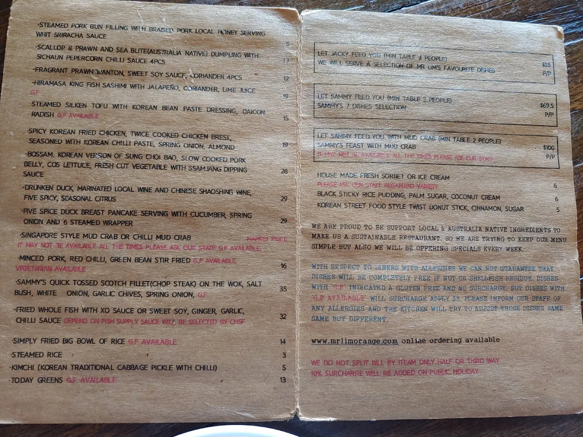 Menu, Mr Lim Korean & Chinese Diner