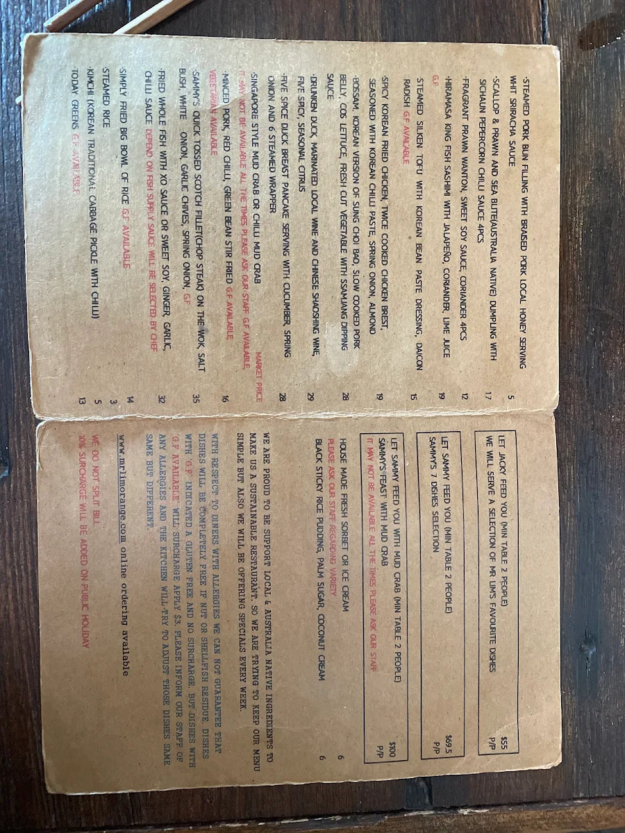 Menu, Mr Lim Korean & Chinese Diner