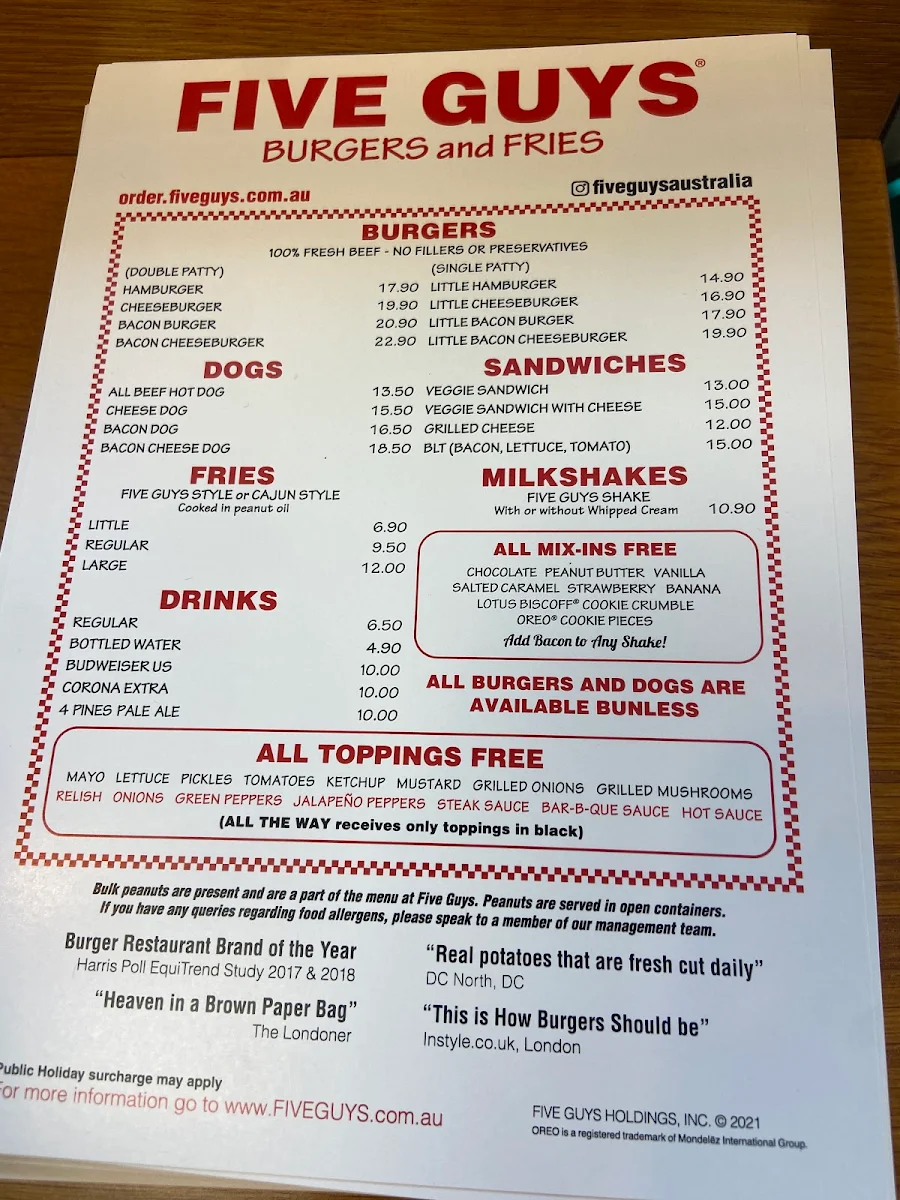 Menu, Five Guys