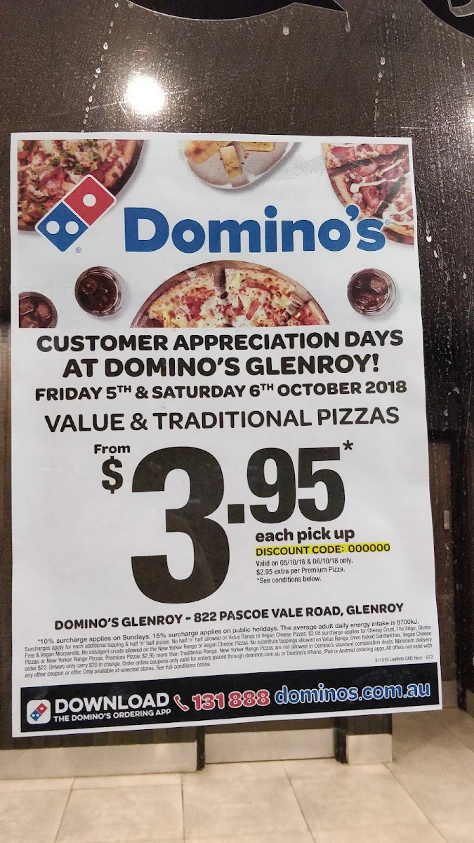 Menu, Domino's Pizza Glenroy