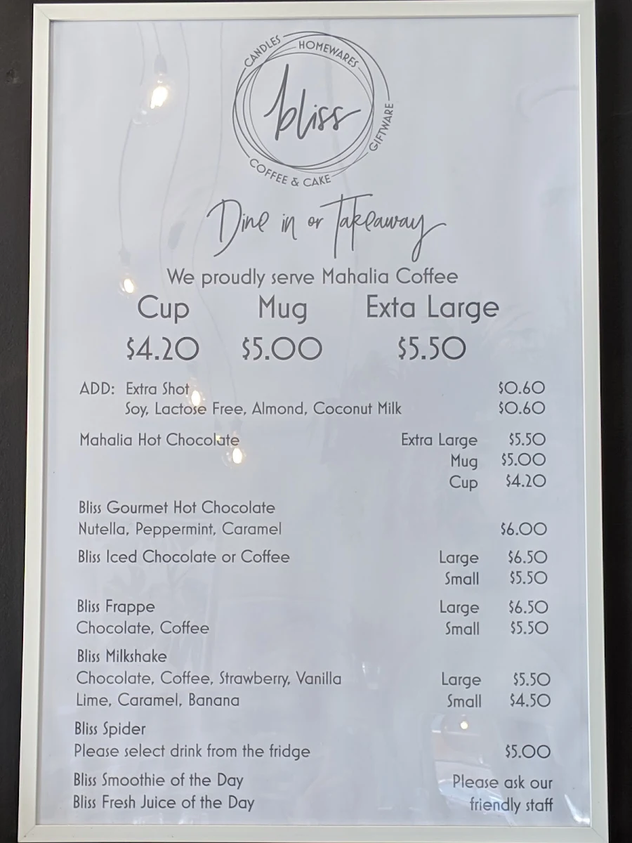 Menu, Bliss By The Sea