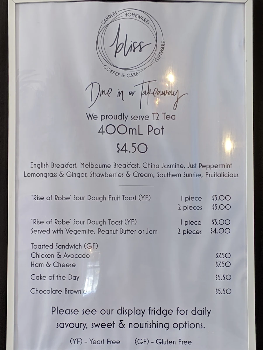 Menu, Bliss By The Sea