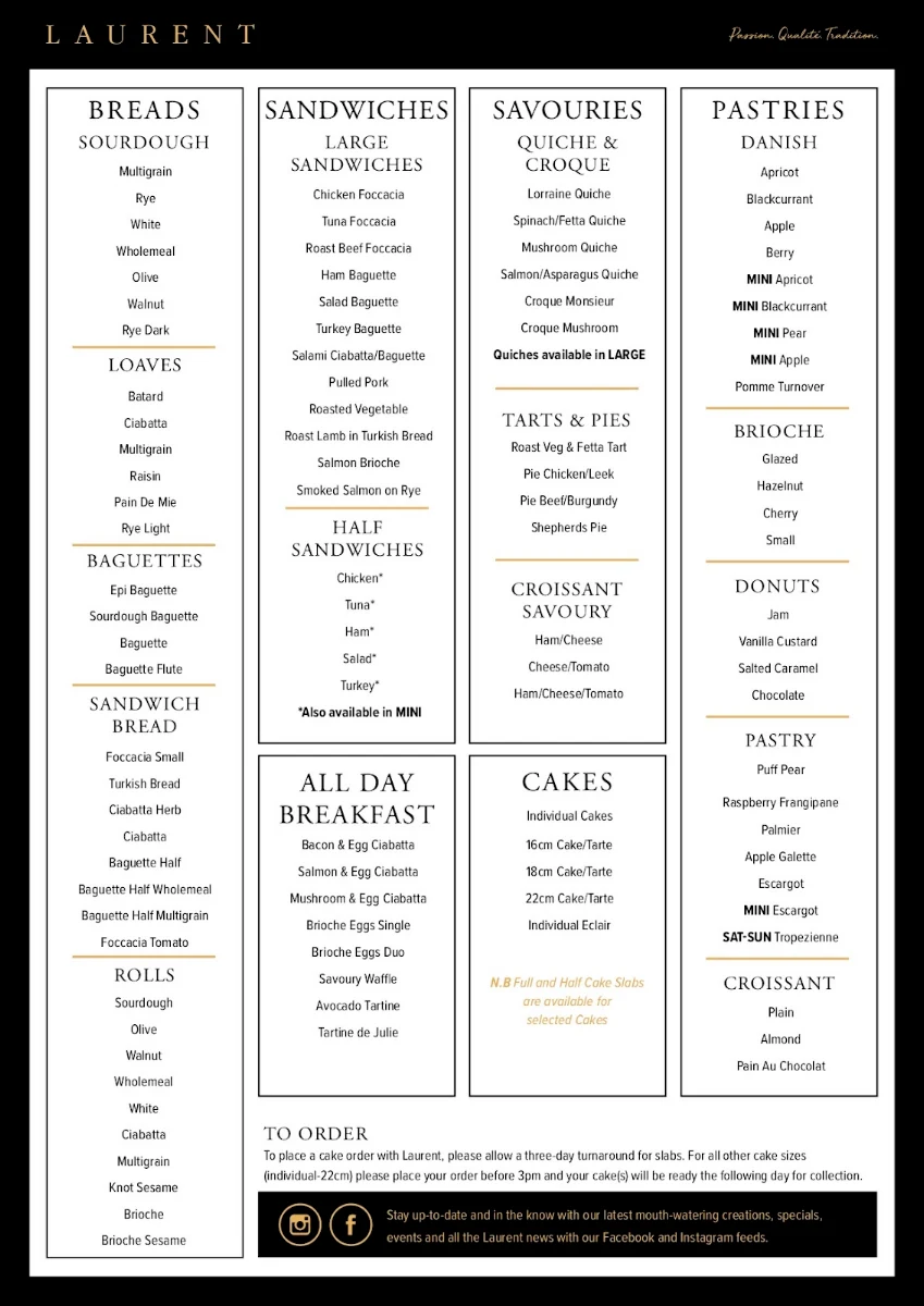 Menu, Laurent Bakery Collins Place