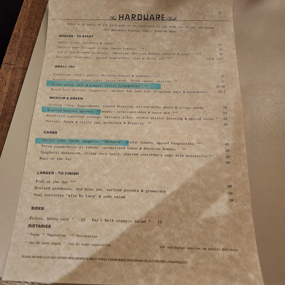 Menu, The Hardware Club