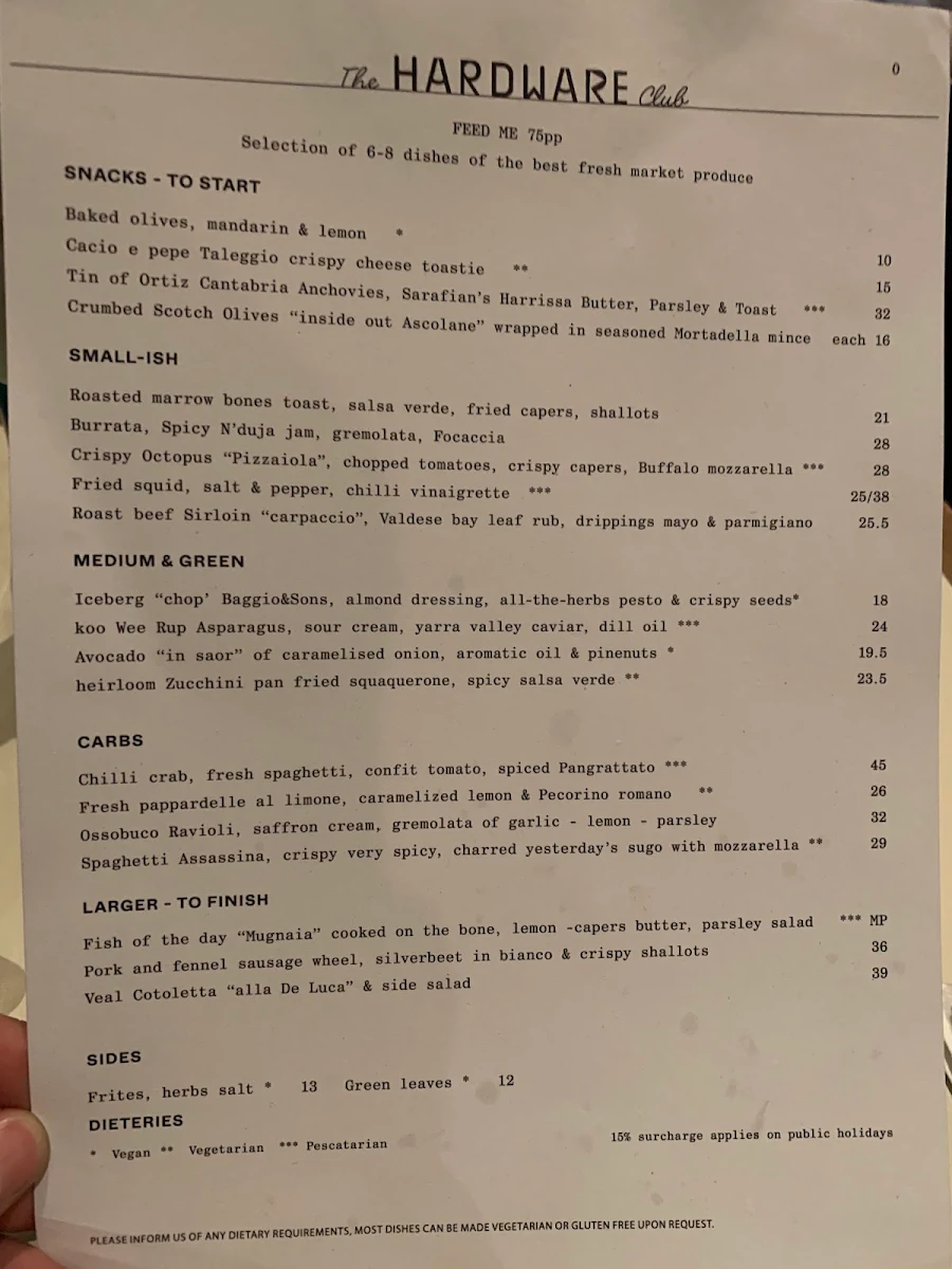 Menu, The Hardware Club