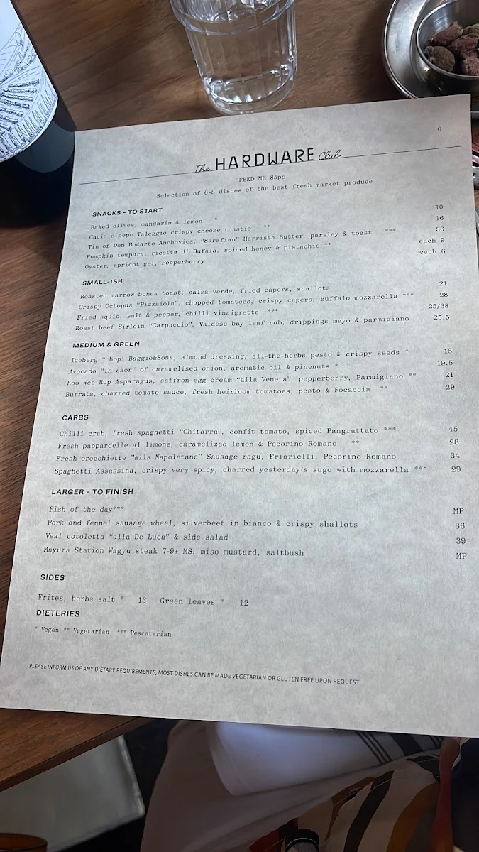 Menu, The Hardware Club