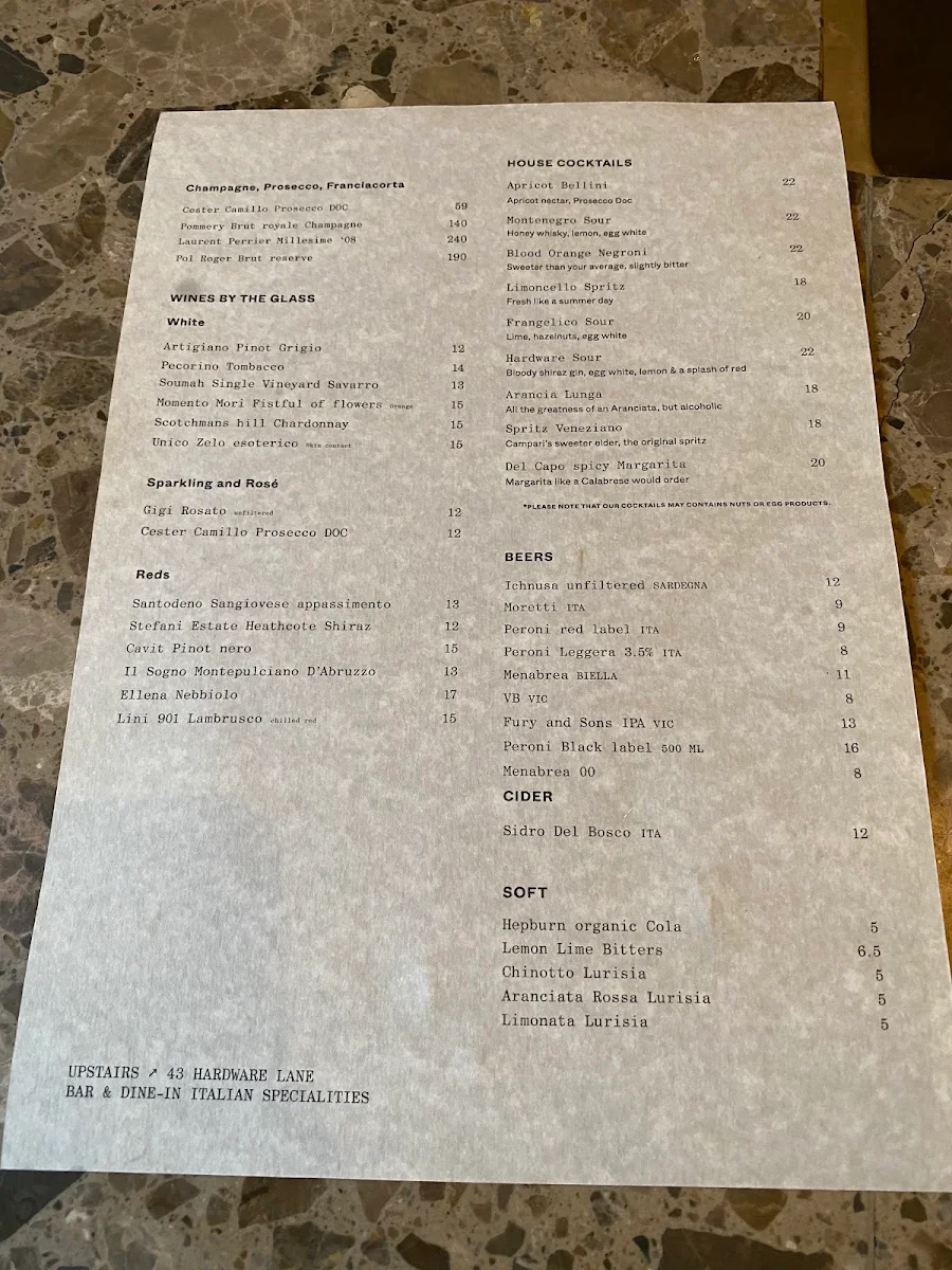 Menu, The Hardware Club