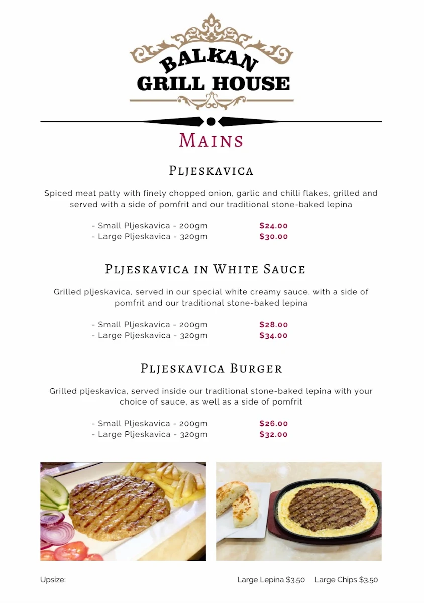 Menu, Balkan Grill House