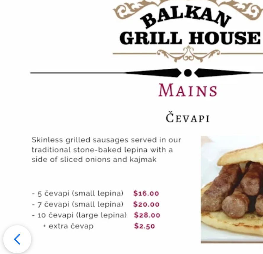 Menu, Balkan Grill House