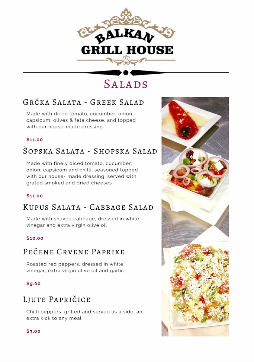 Menu, Balkan Grill House