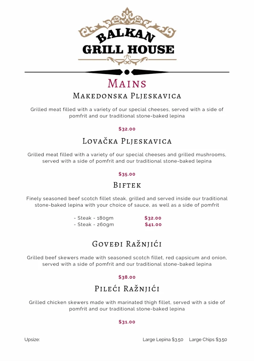 Menu, Balkan Grill House