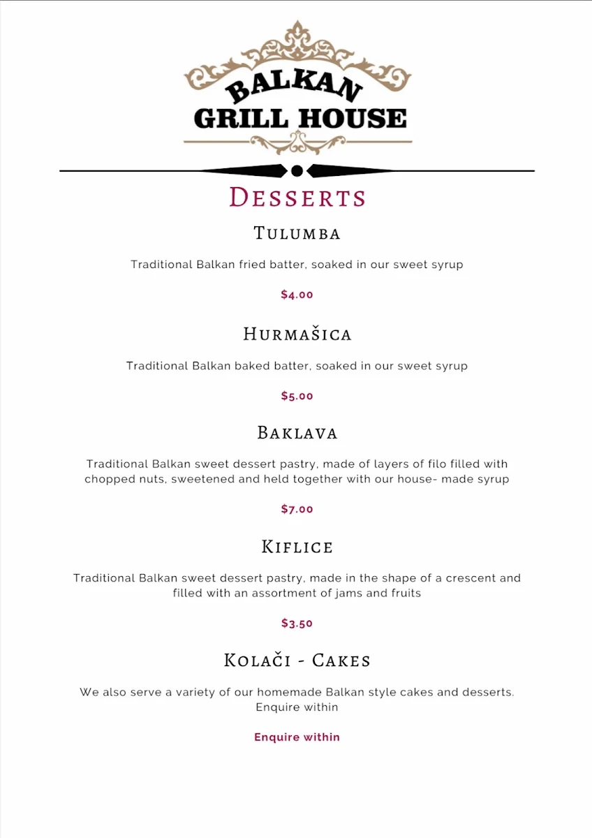 Menu, Balkan Grill House