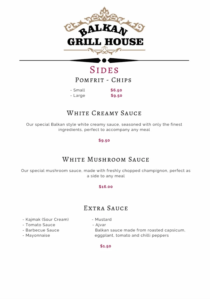 Menu, Balkan Grill House