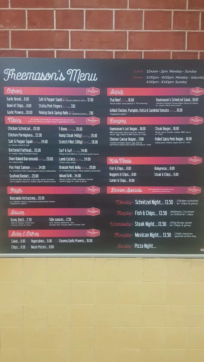 Menu, Freemasons Hotel Molong