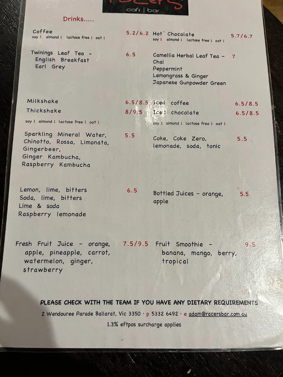 Menu, Racers Cafe