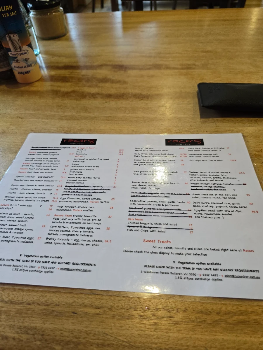 Menu, Racers Cafe
