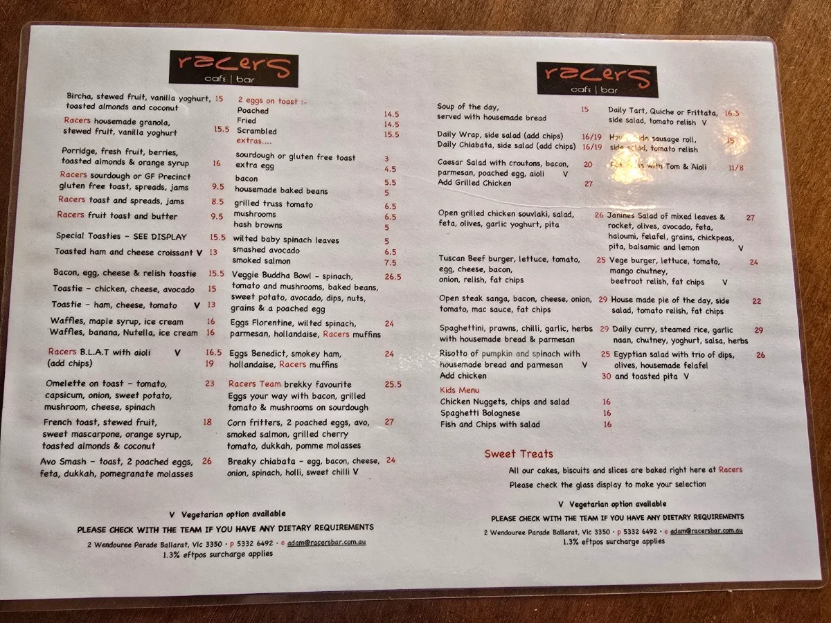 Menu, Racers Cafe