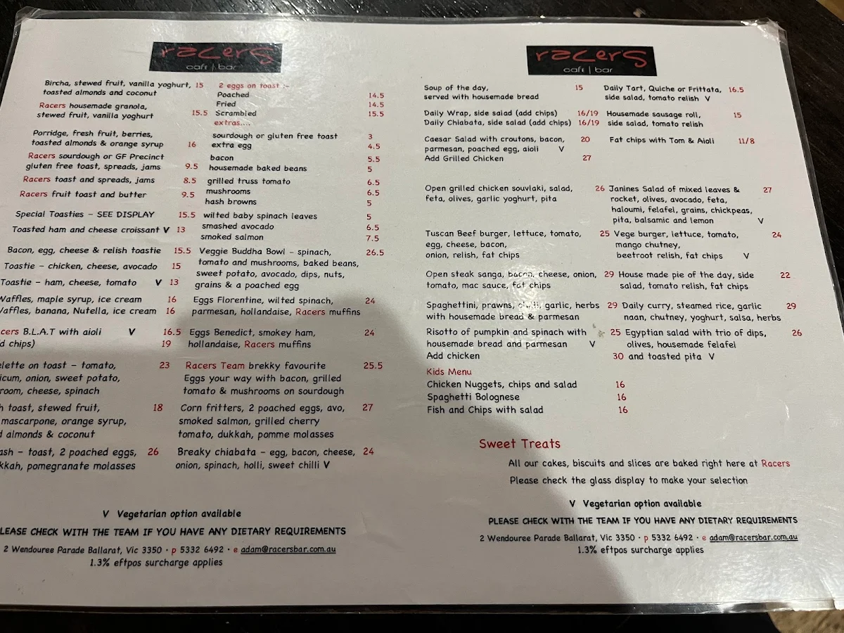 Menu, Racers Cafe