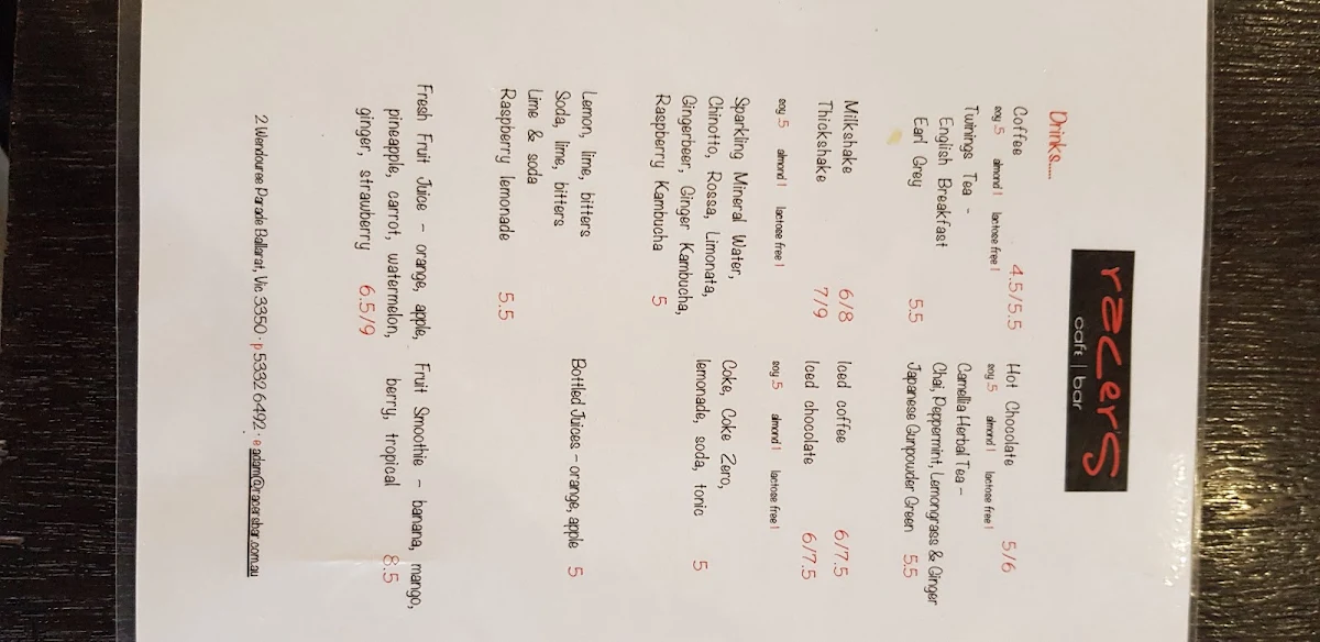 Menu, Racers Cafe