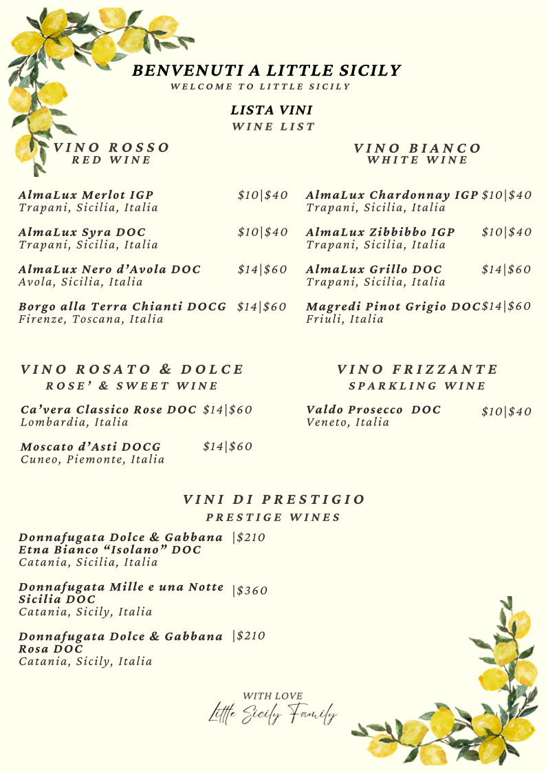 Menu, Little Sicily