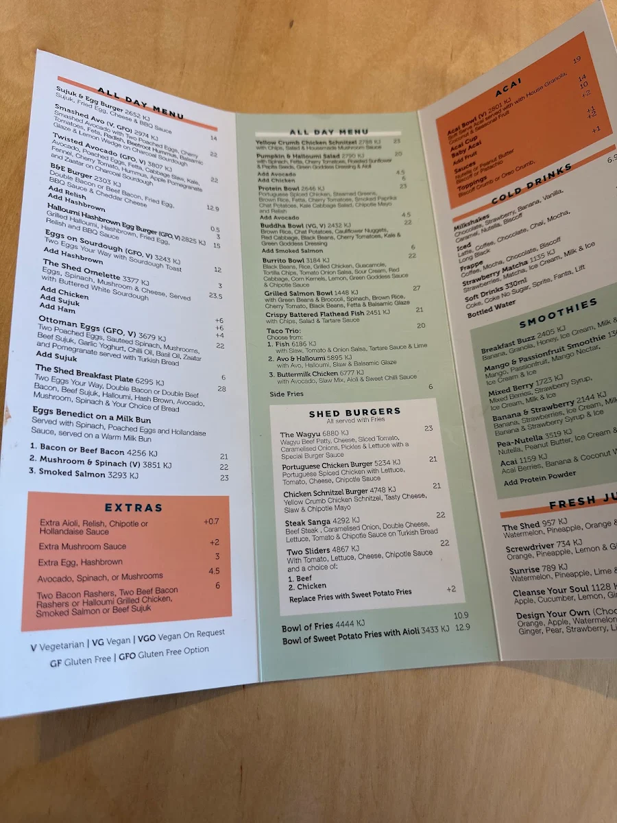 Menu, The Shed Cafe - Edmondson Park