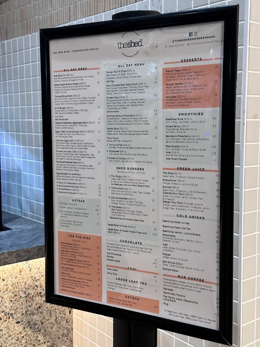 Menu, The Shed Cafe - Edmondson Park