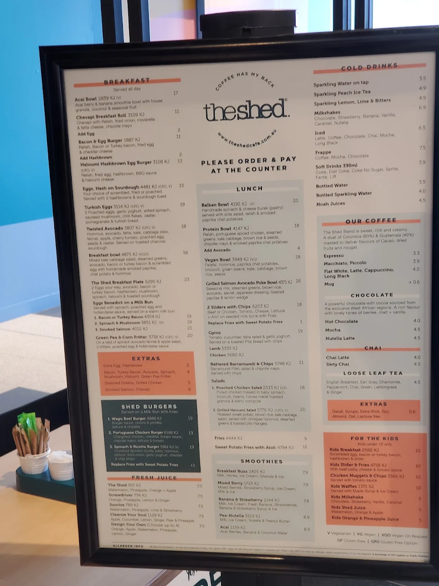 Menu, The Shed Cafe - Edmondson Park