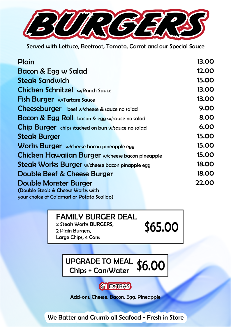 Menu, Sandy's Fish Shop