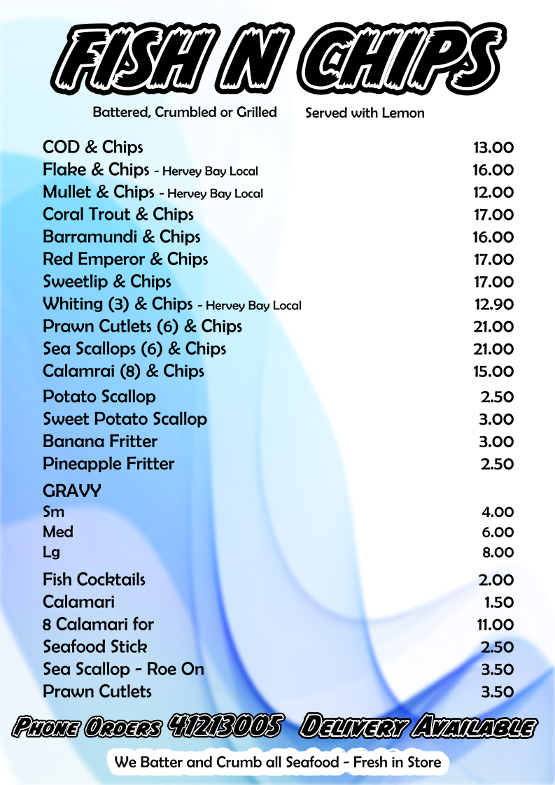 Menu, Sandy's Fish Shop
